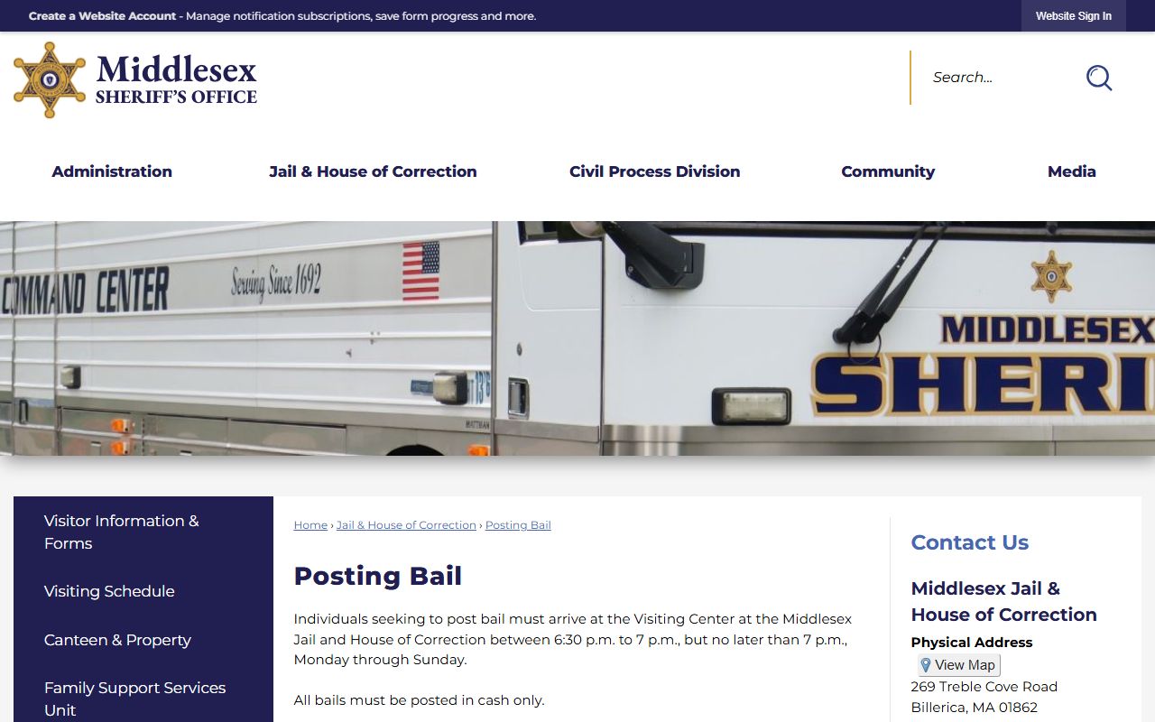 Middlesex County bail posting rules page for Middlesex jail inmate release
