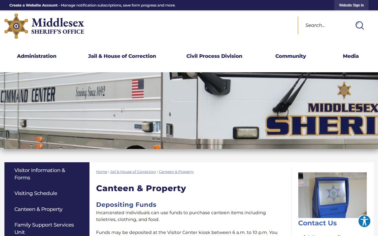 Middlesex County canteen and property deposit rules page for Middlesex jail inmates