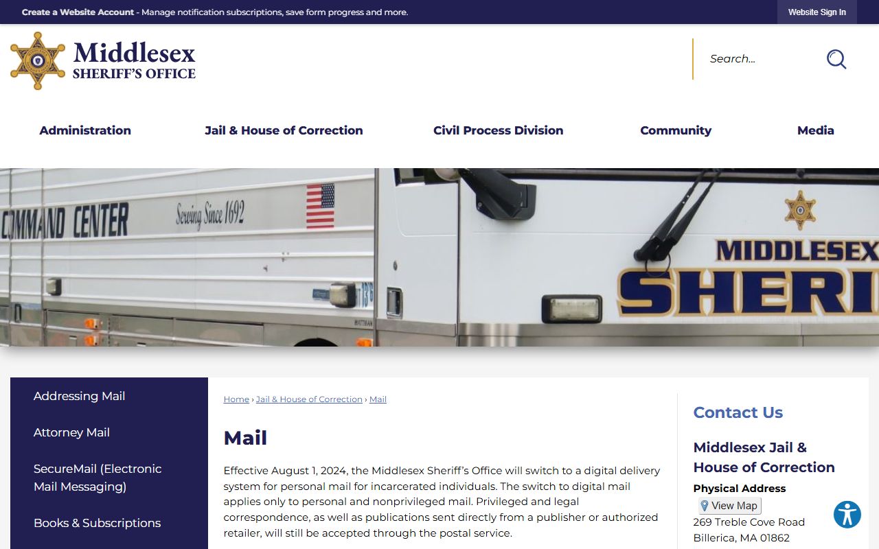 Middlesex County jail mail rules page for Middlesex inmate correspondence