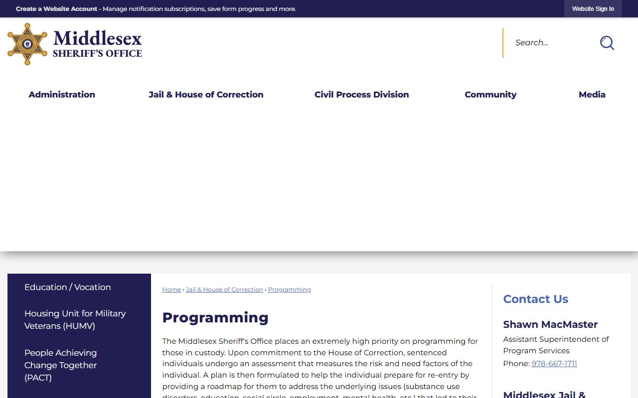 Middlesex County jail inmate population programming page at Middlesex Sheriff website