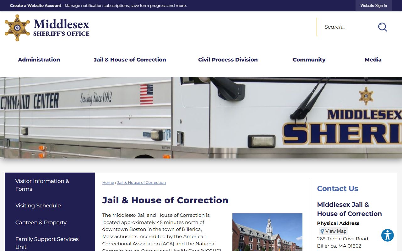 Middlesex County Jail and House of Correction official page for Middlesex inmate records