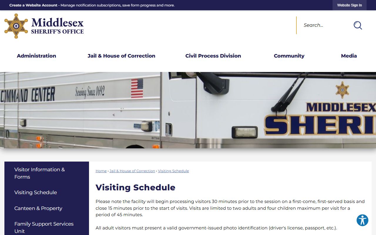 Middlesex County Jail visiting schedule page for inmate visits