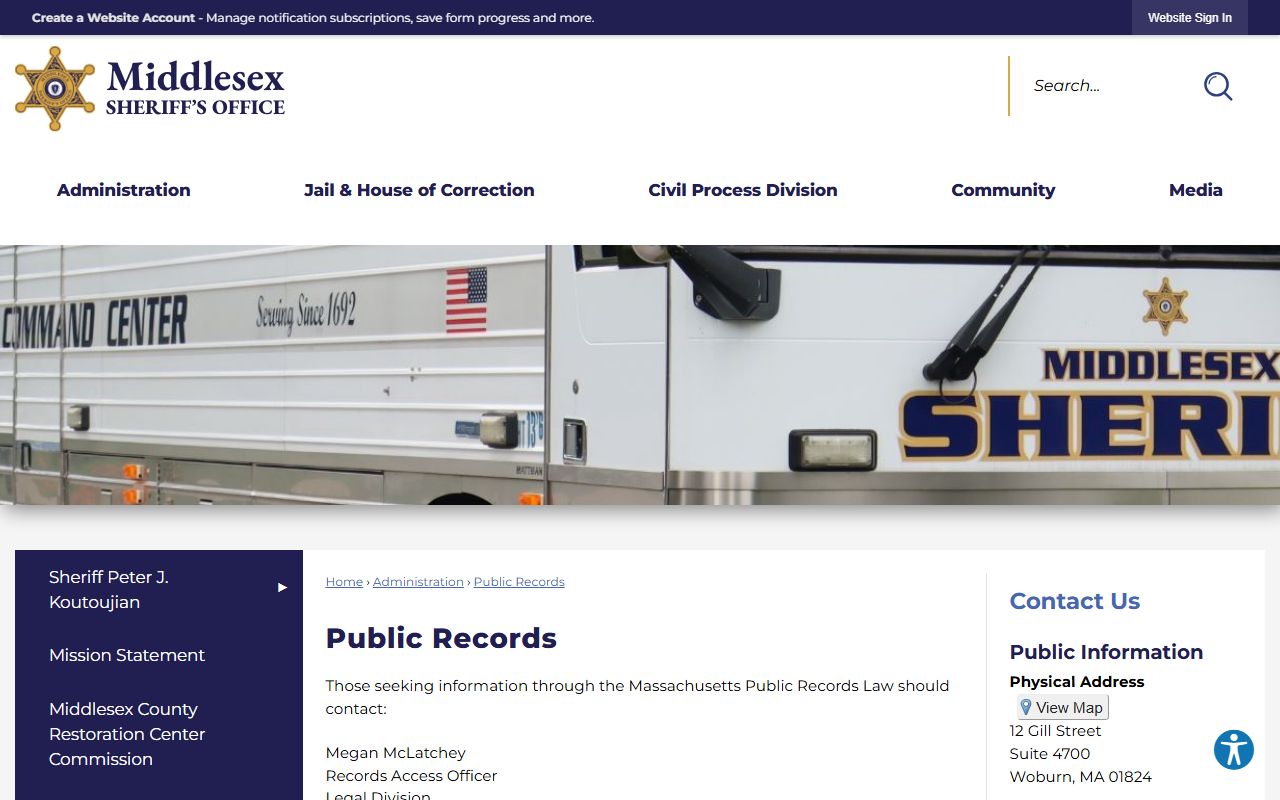 Middlesex County Sheriff public records request page for inmate and jail records