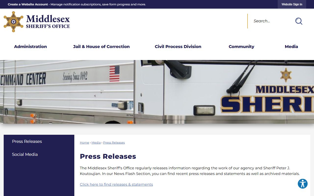 Middlesex County Sheriff press releases page showing Warrant Apprehension Unit updates