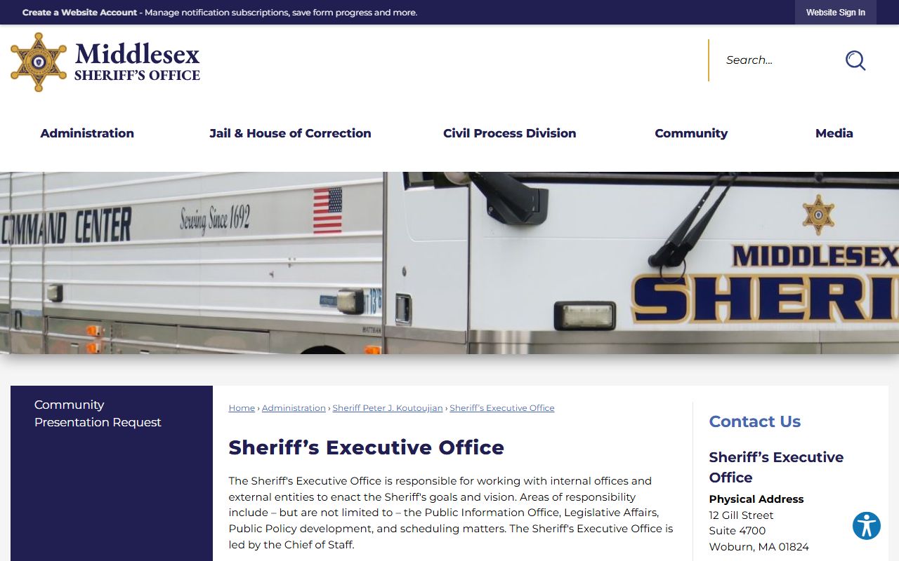 Middlesex County Sheriff Peter J. Koutoujian executive office page for inmate and jail records