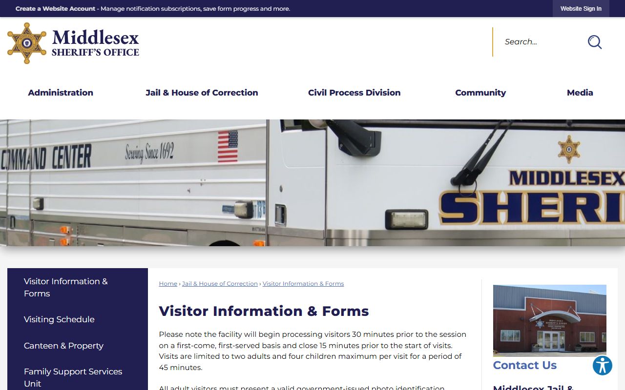Middlesex County visitor information and forms page for Middlesex jail inmate visits