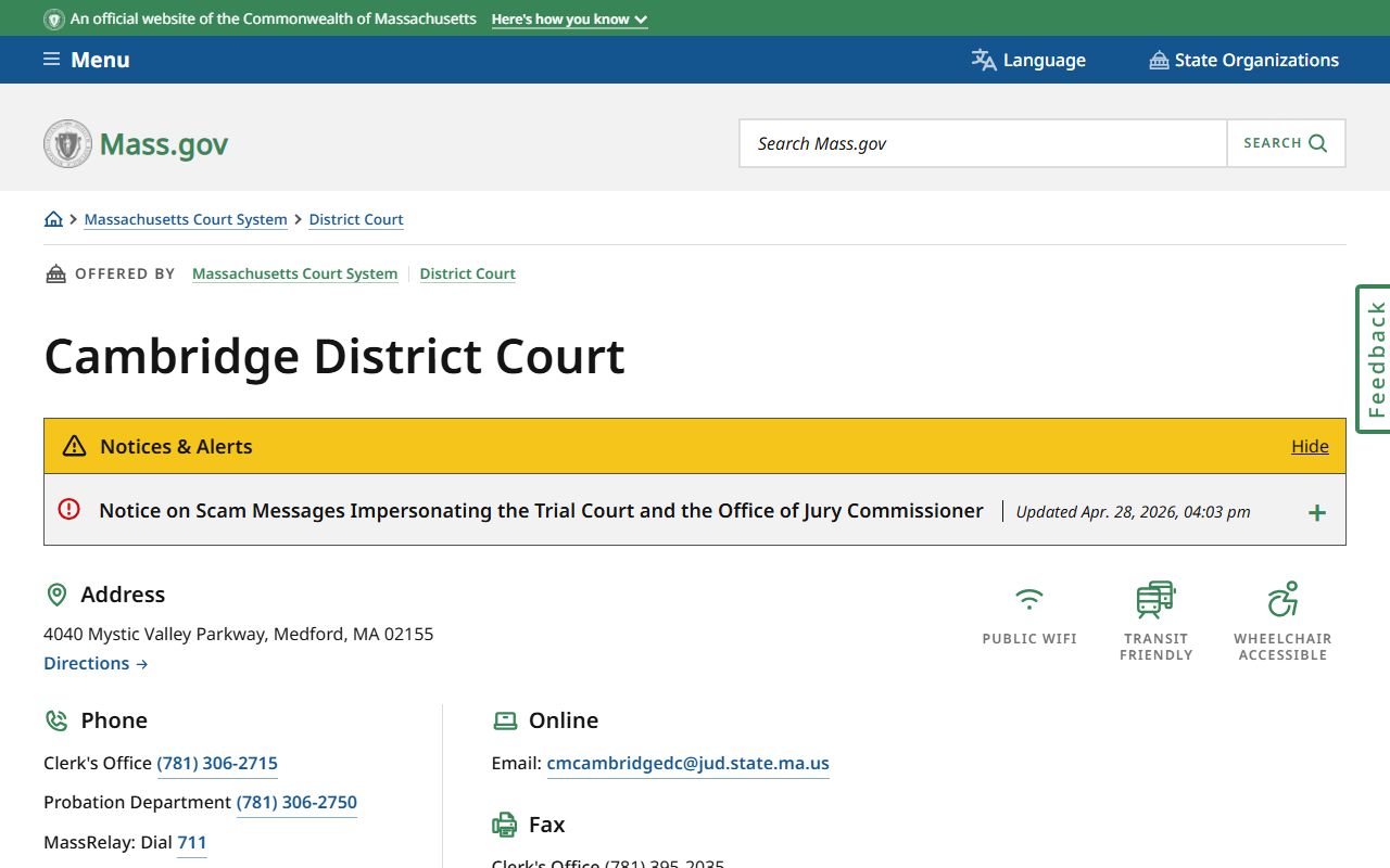 Cambridge Middlesex County District Court location page on Mass.gov showing Medford address