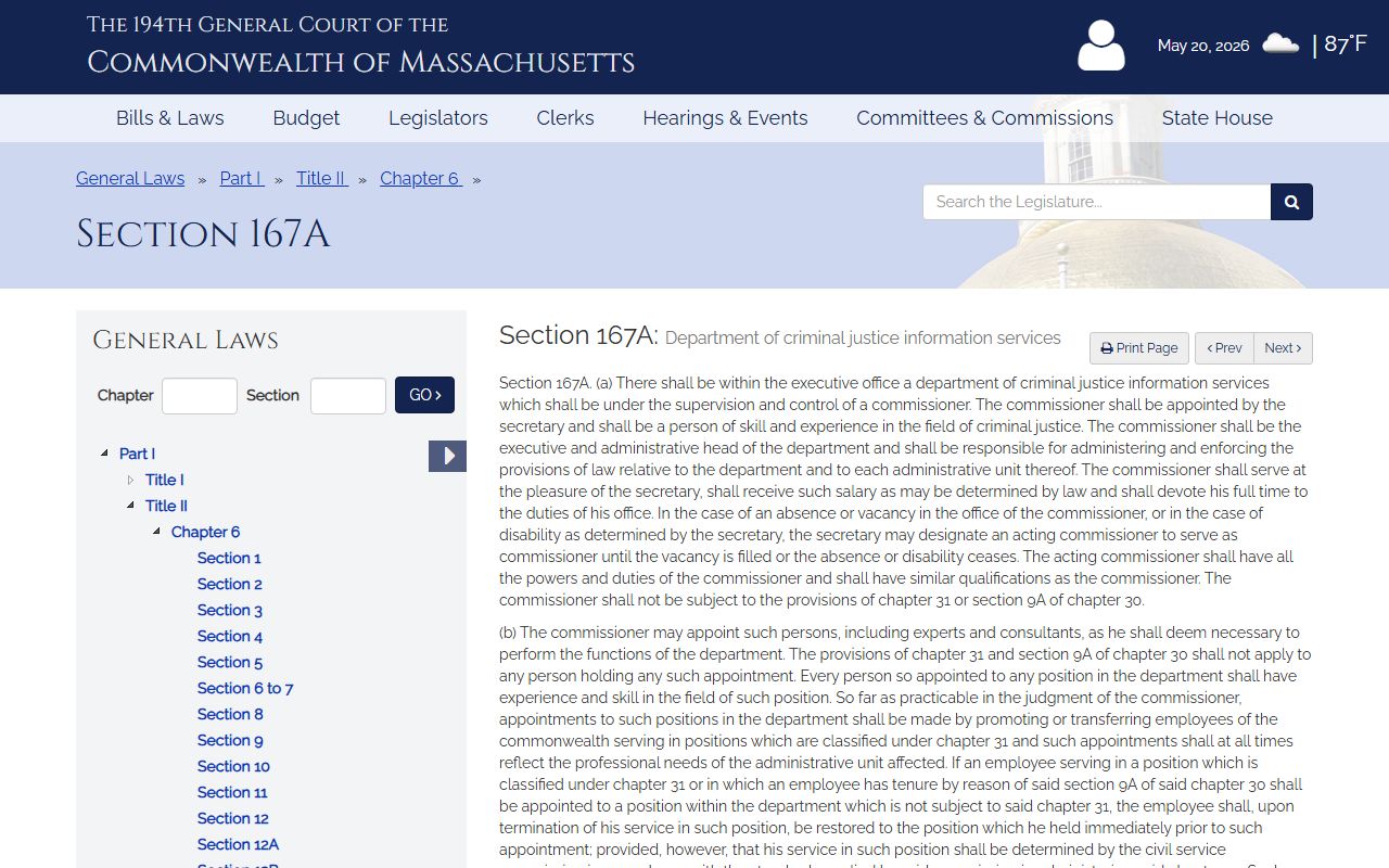 Massachusetts CORI definitions statute for Middlesex County arrest records and criminal history