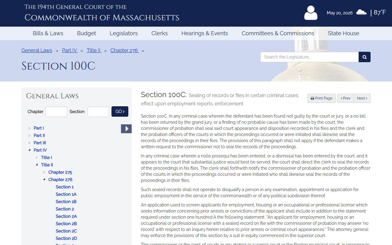 Massachusetts court sealing statute for Middlesex County arrest records dismissed cases