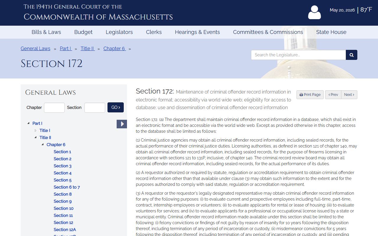 Massachusetts CORI dissemination statute for Middlesex County criminal records