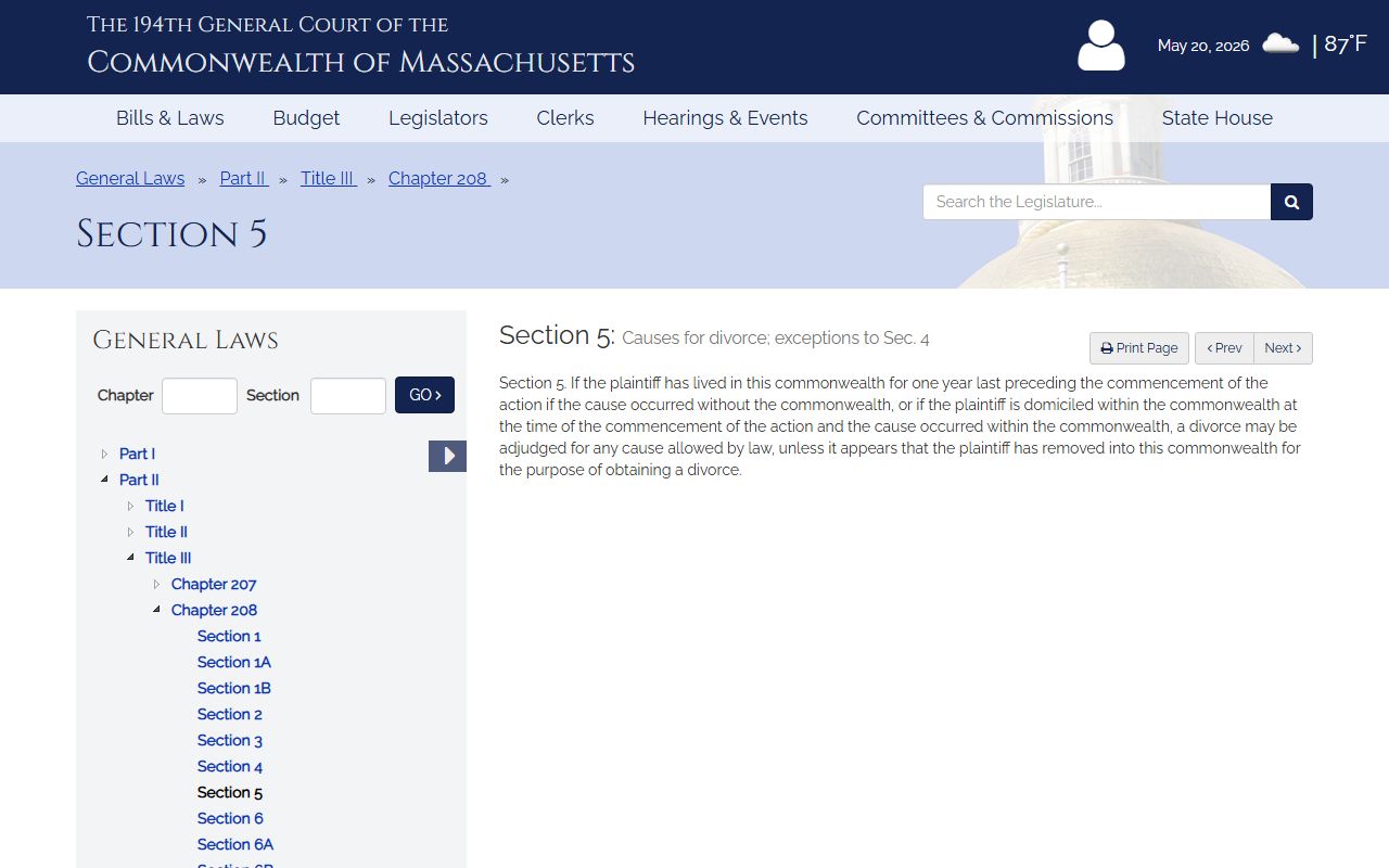 Massachusetts divorce jurisdiction and residency statute for Middlesex County divorce records