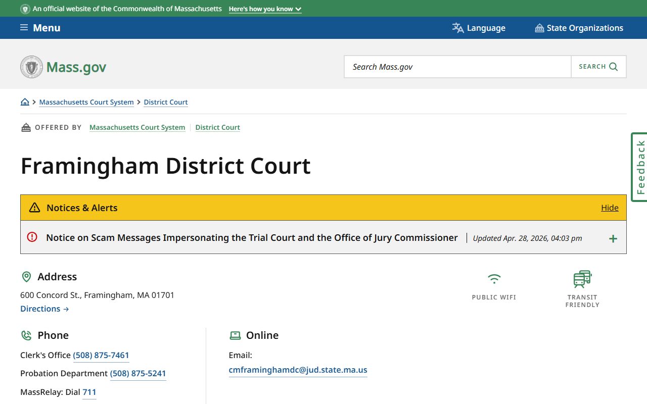 Framingham Middlesex County District Court location page on Mass.gov