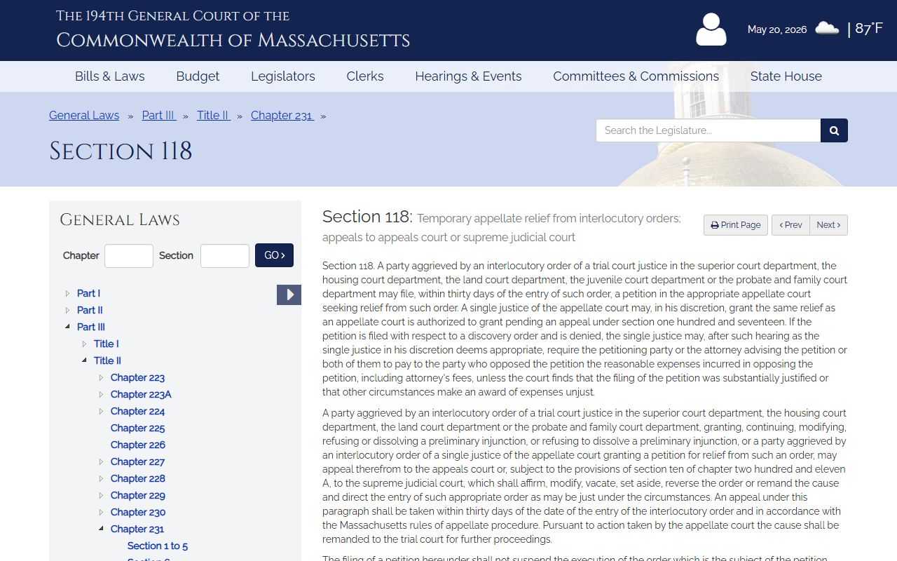 Massachusetts interlocutory appeals statute for Middlesex County court dockets and cross-references