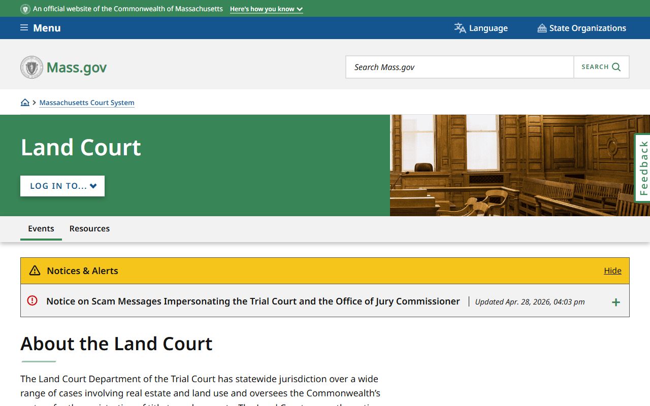 Massachusetts Land Court department page tied to Middlesex County Court records