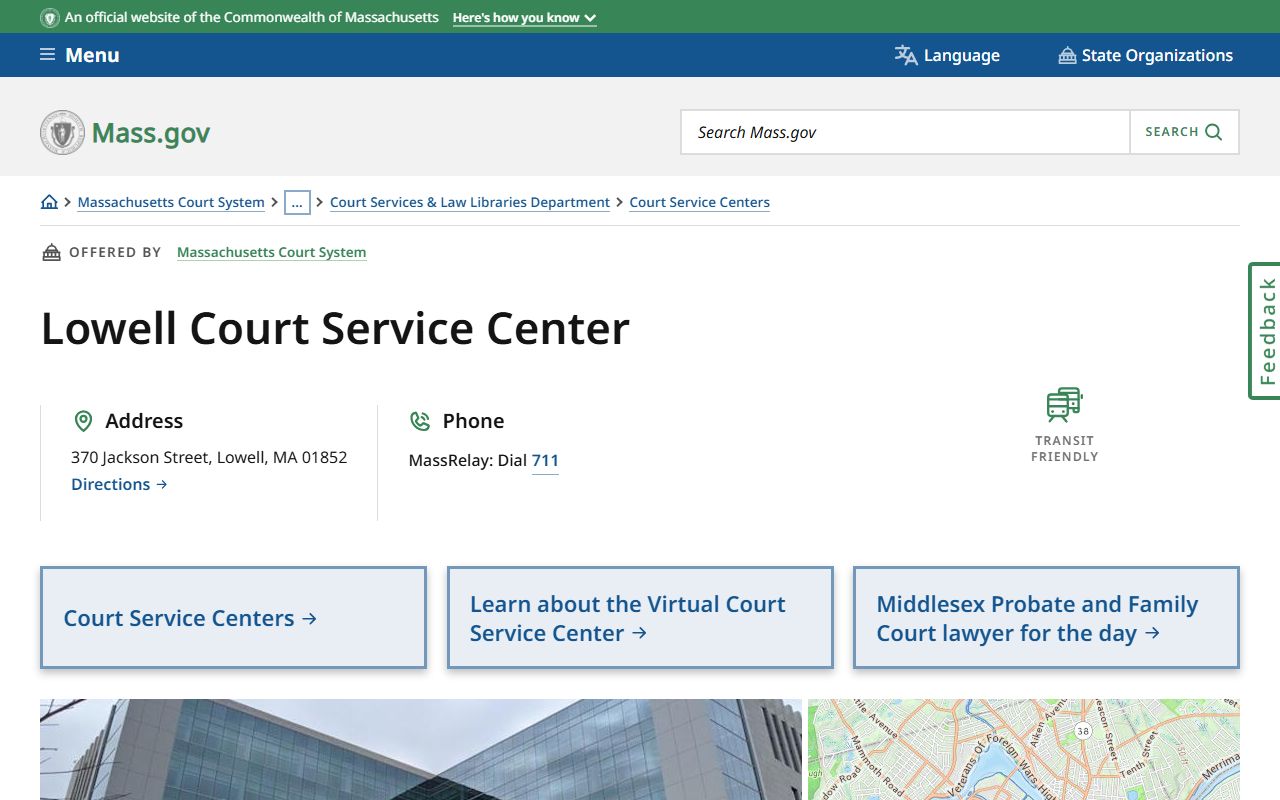Lowell Court Service Center page for Middlesex County clerk assistance and court records