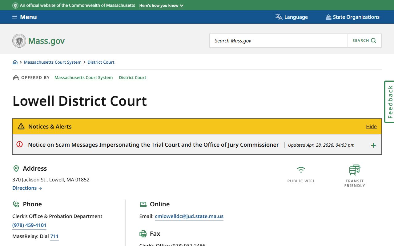 Lowell Middlesex County District Court location page on Mass.gov