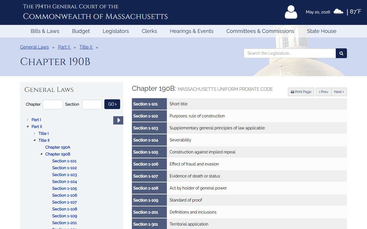 Massachusetts Uniform Probate Code M.G.L. c.190B for Middlesex County probate records