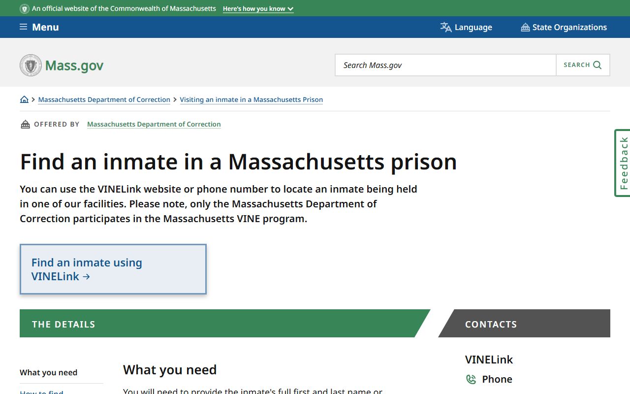 Mass.gov DOC VINELink inmate lookup page for Middlesex County released inmates