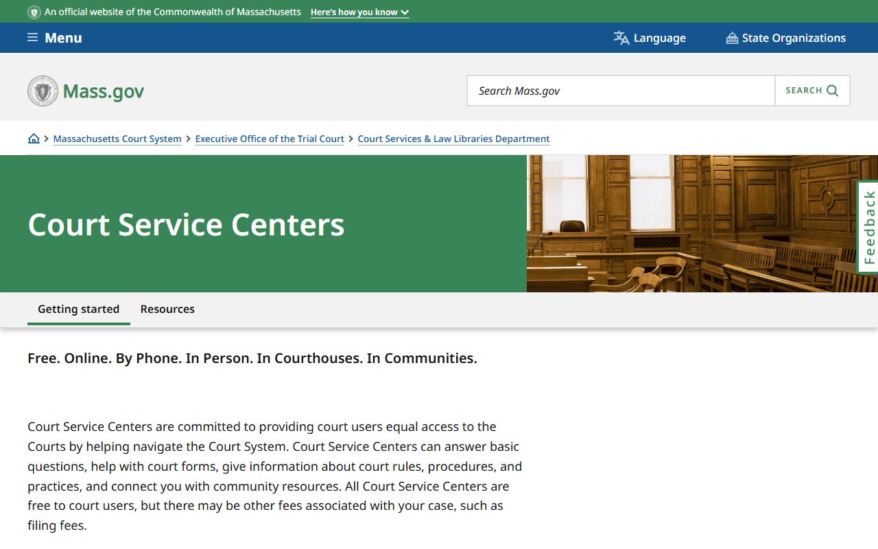 Massachusetts Court Service Centers self-help page for Middlesex County clerk and court records