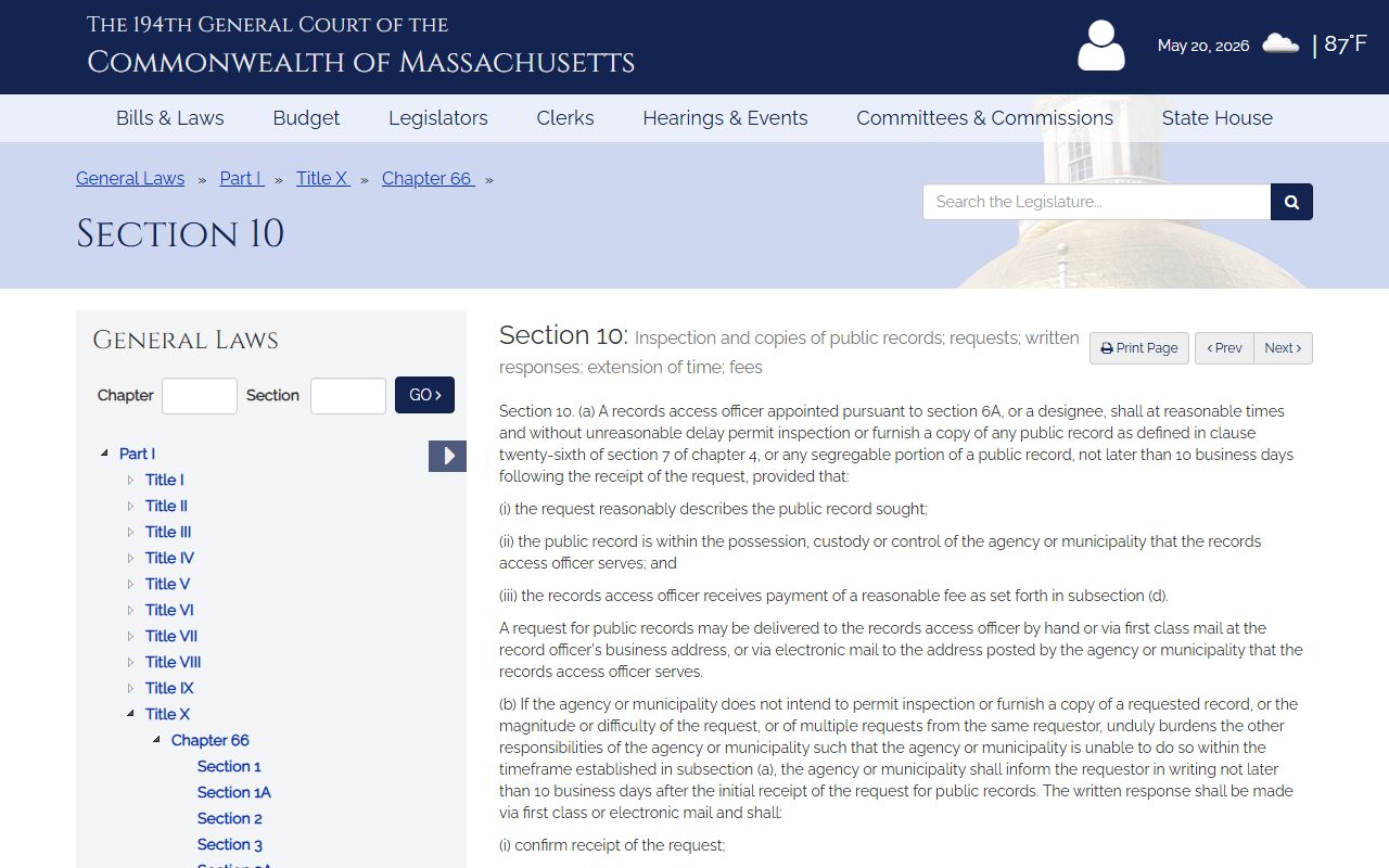 Massachusetts Public Records Law M.G.L. c.66 section 10 request procedure for Middlesex County public records