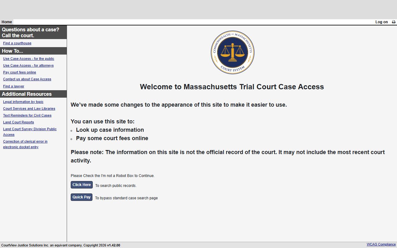 MassCourts eAccess portal for Middlesex County Court records search