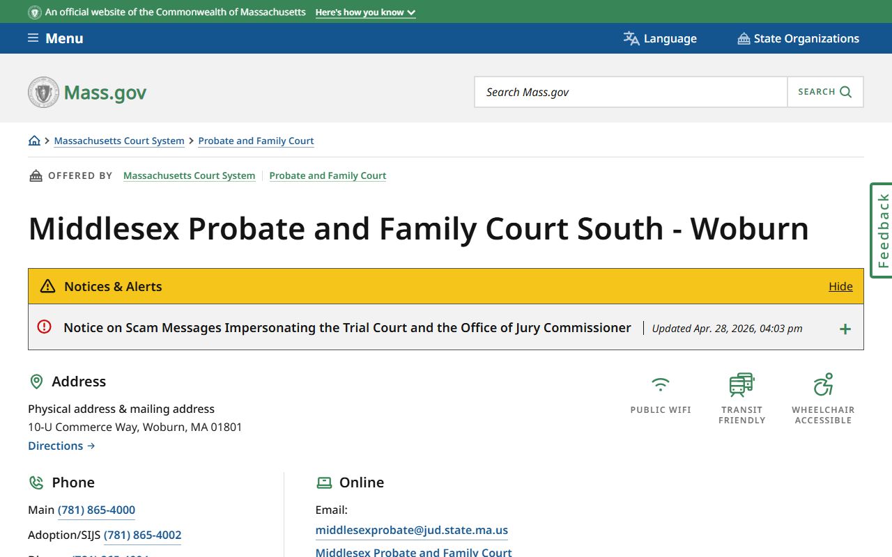 Middlesex Probate and Family Court location page for divorce and probate records