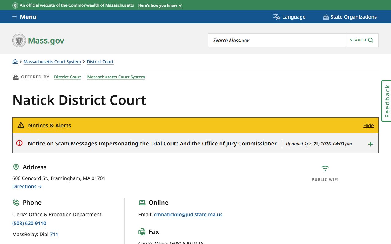 Natick Middlesex County District Court location page on Mass.gov showing Framingham address