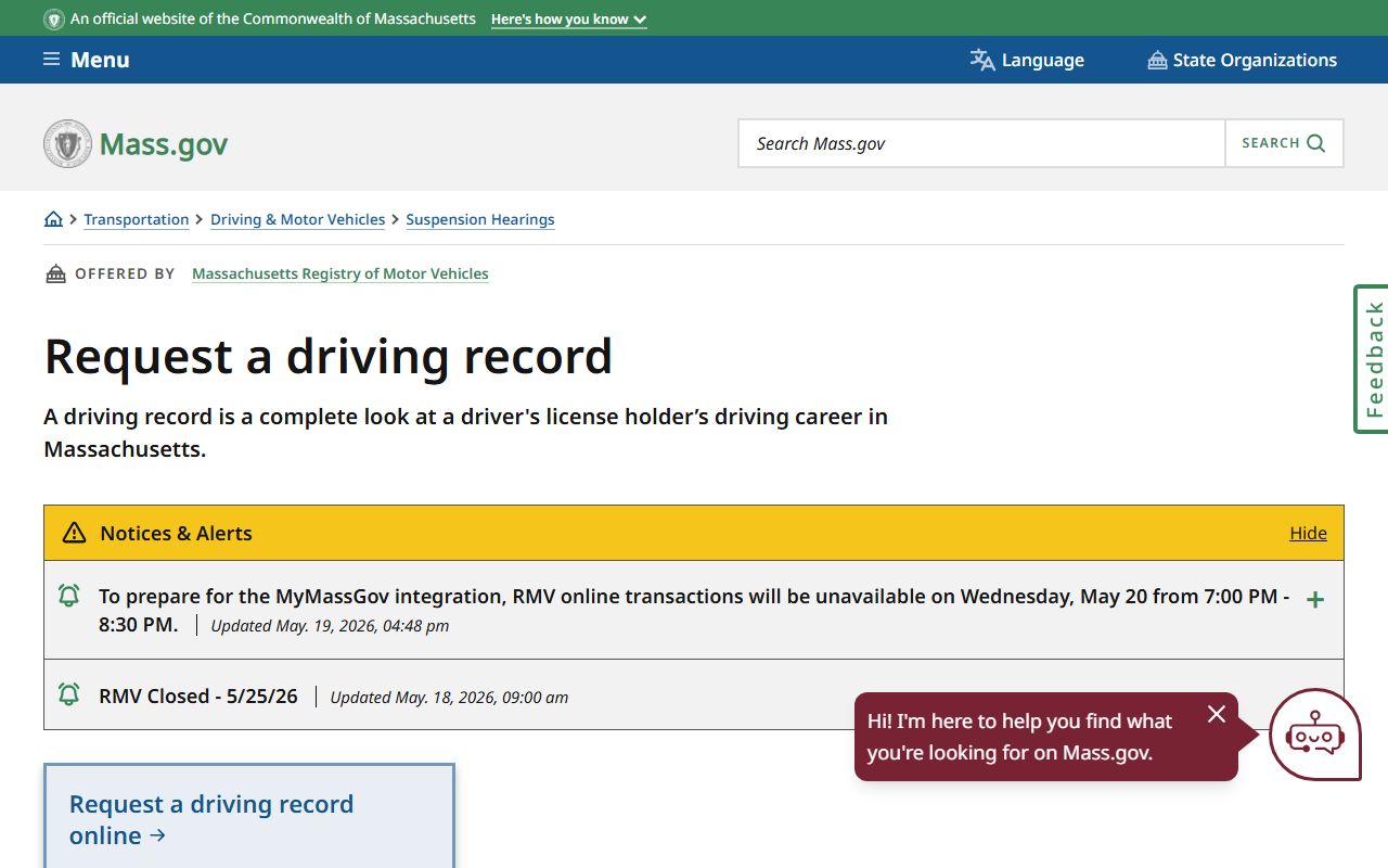 Massachusetts RMV driving record request page for Middlesex County traffic court records