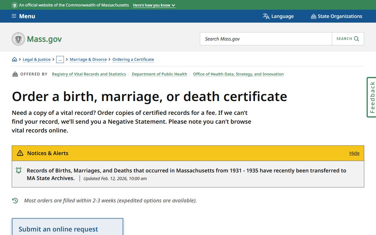 Massachusetts vital records certificate ordering instructions for Middlesex marriage records