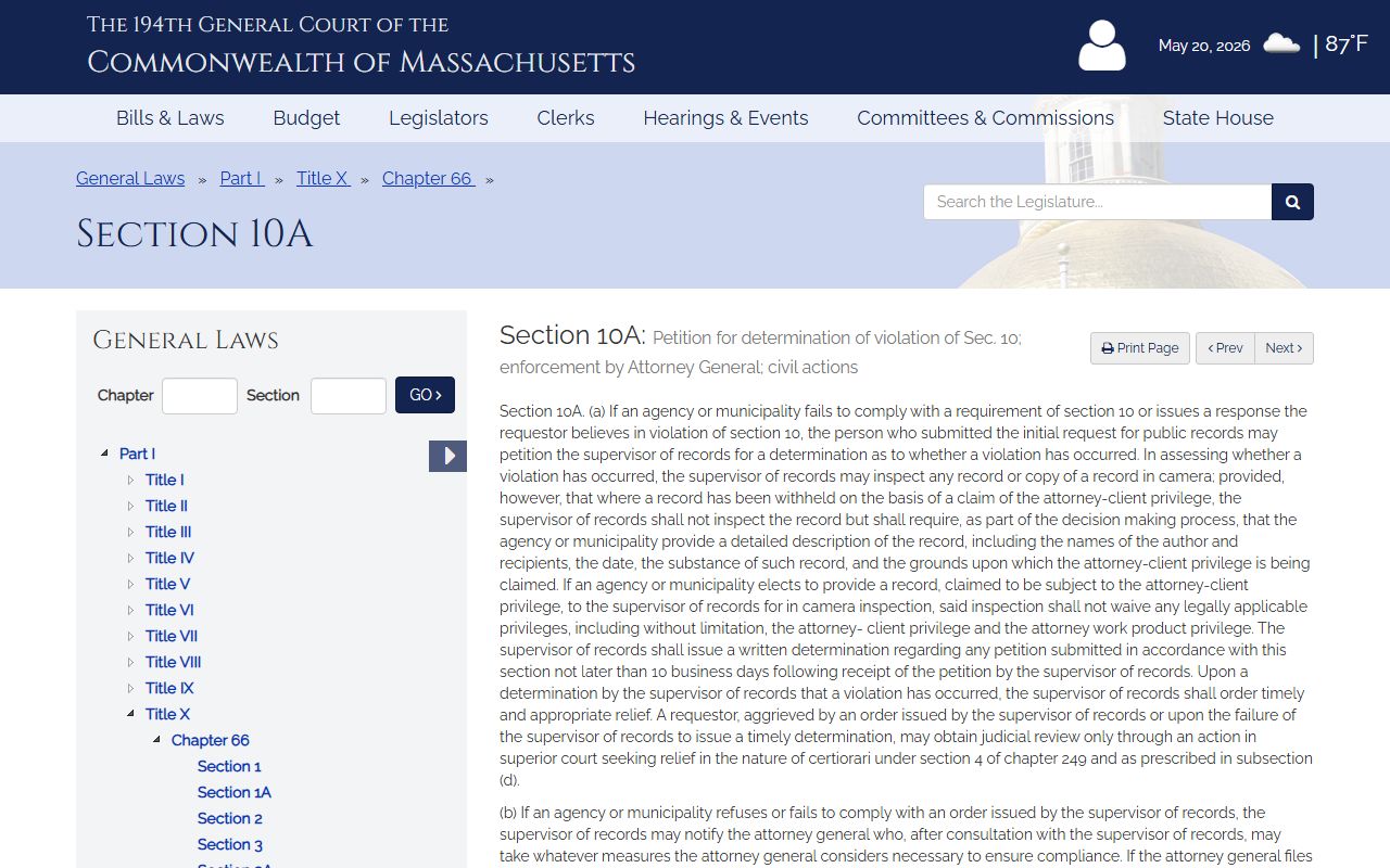 Massachusetts Supervisor of Records administrative appeal M.G.L. c.66 section 10A for Middlesex County public records denials