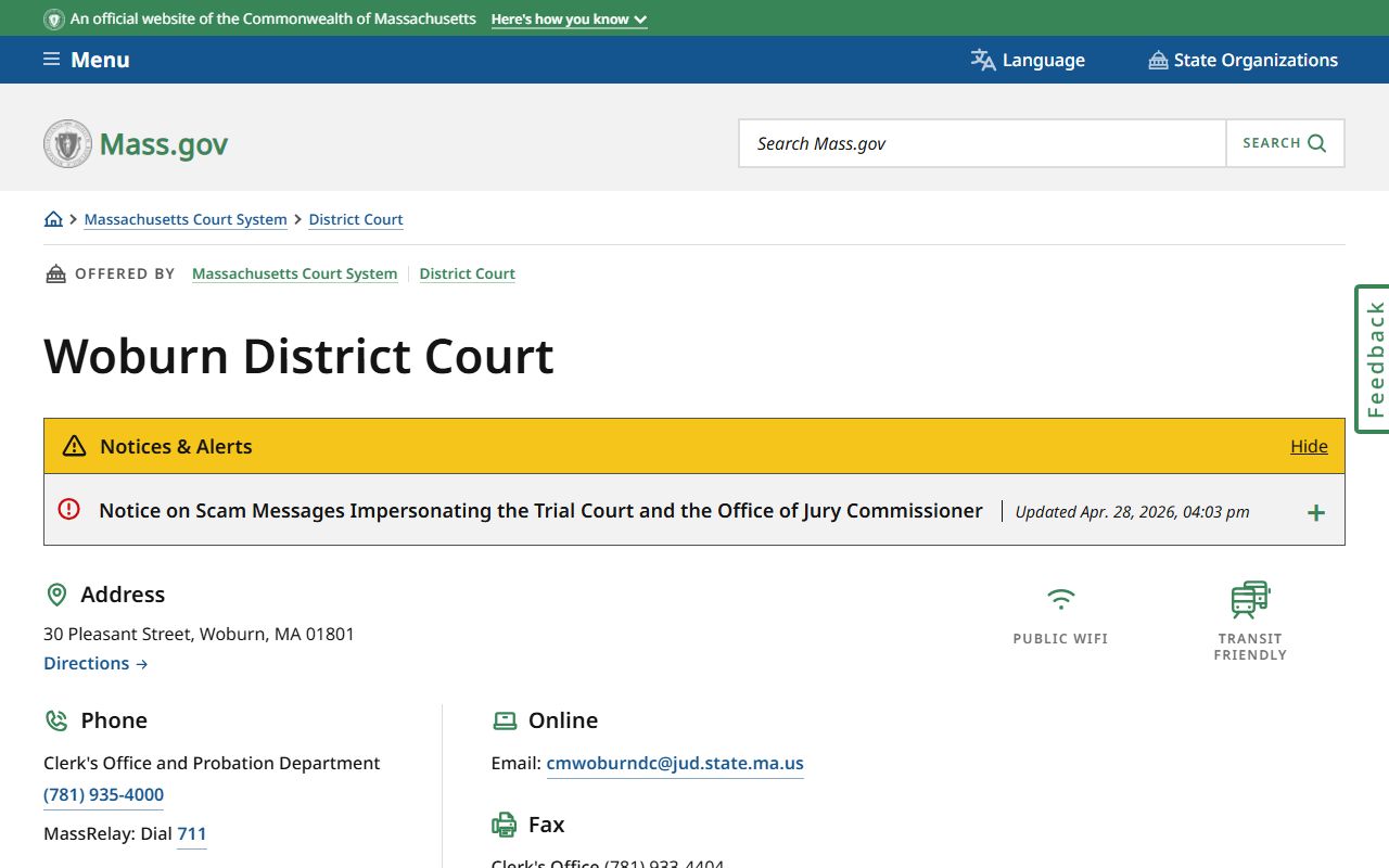 Woburn Middlesex County District Court location page on Mass.gov